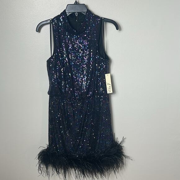 NWT Eliza J Sequin mini Dress with Feather Trim, 10 - Picture 4 of 13